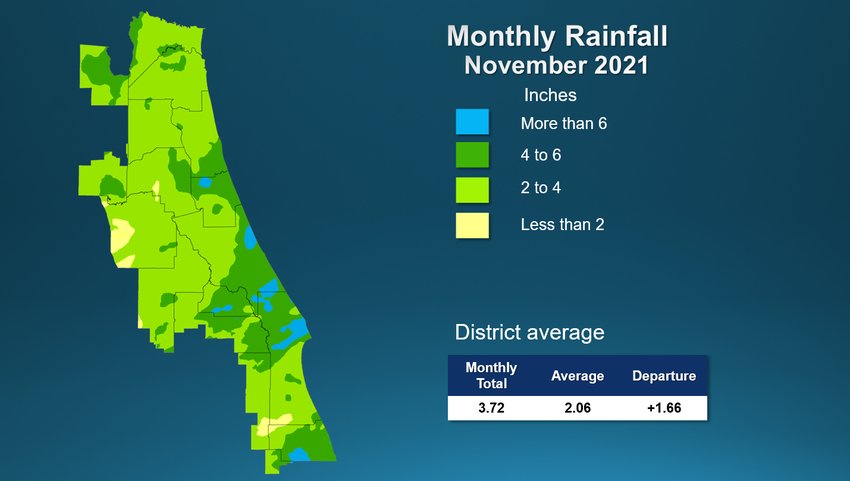 A map illustrates rainfall conditions in November across the St. Johns River Water Management District.