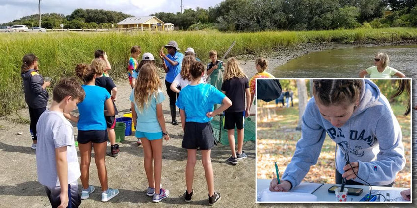 Through the District’s Blue School Grant Program, students and their teachers get outdoors for field visits and to conduct water sampling (inset).