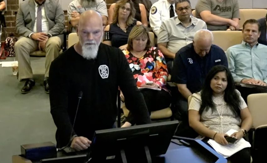 Michael Duran, the father of deceased firefighter Austin Duran, speaks at the Apopka City Council meeting.