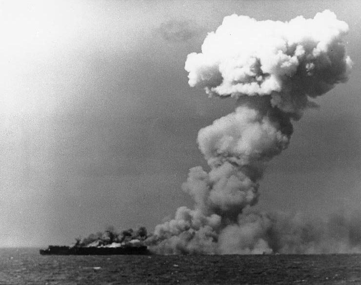 The U.S. Navy light aircraft carrier USS Princeton (CVL-23) burned soon after she was hit by a Japanese bomb while operating off the Philippines on 24 October 1944.