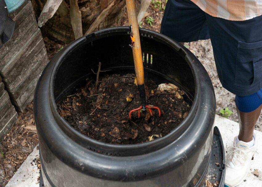A compost bin being stirred. Photo taken 09-25-23.