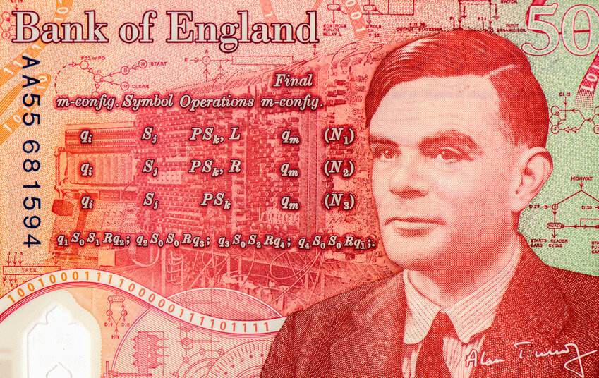 An artist's illustration of the Alan Turing £50 bank note (Image: Christopher Furlonges), Portrait from Great Britain England 50 Pounds 2020/2021 Polymer Banknotes.