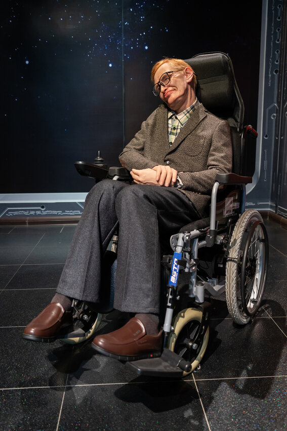 Shah Alam, Malaysia - April 17,2023 : Stephen Hawking's wax figure displayed at Red Carpet 2 in I-City Shah Alam.