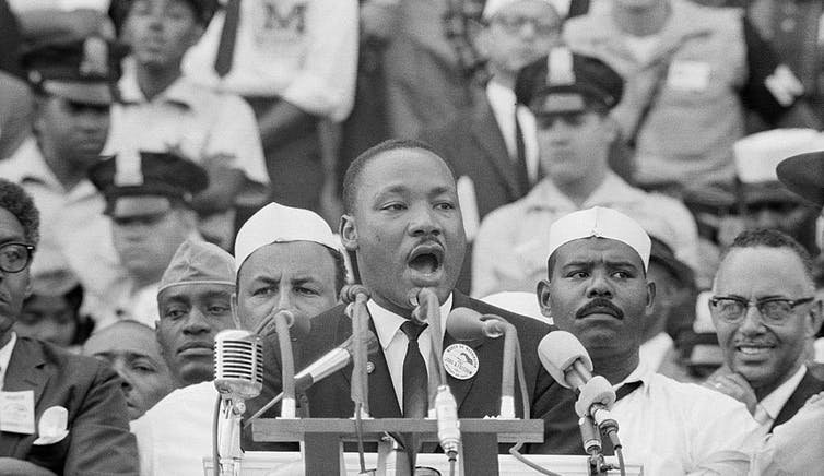 Martin Luther King, Jr. delivers his famous &lsquo;I Have a Dream&rsquo; speech in front of the Lincoln Memorial during the Freedom March on Washington in 1963. Bettmann/Contributor via Getty images