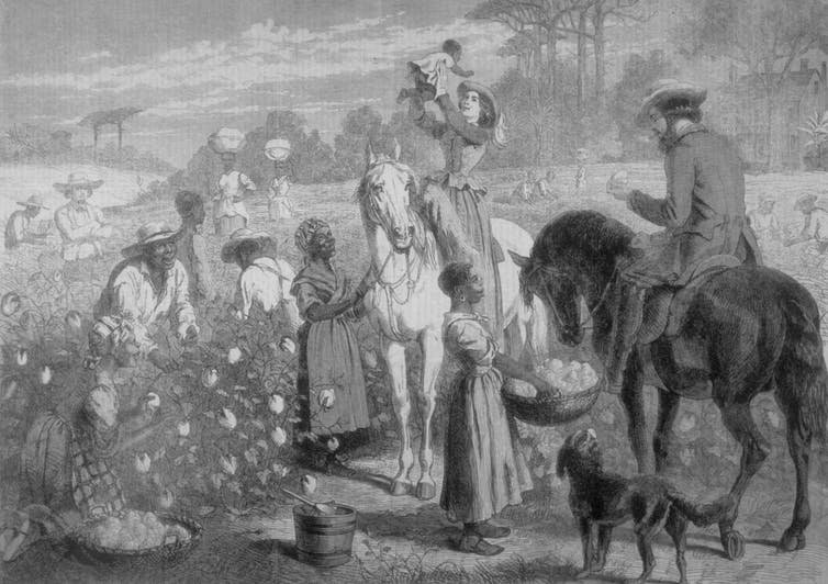 No guessing who in this 1864 depiction may have been compensated after slavery ended. API/Gamma-Rapho via Getty Images