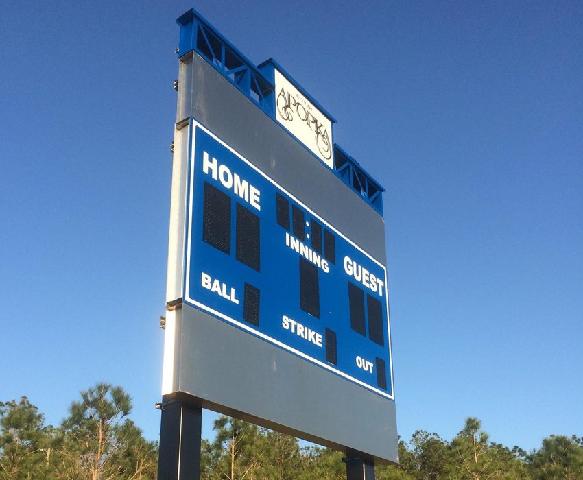 One of the four scoreboards installed at the Northwest Recreation Facility softball fields.