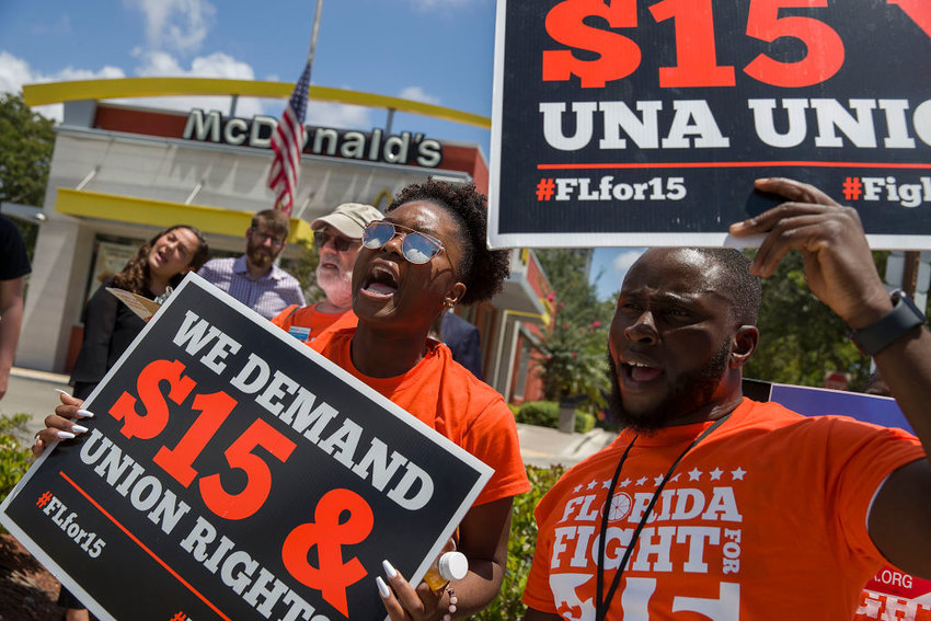 FORT LAUDERDALE, FLORIDA - MAY 23:  People gather together to ask  the McDonald&rsquo;s corporation to raise workers wages to a $15 minimum wage as well as demanding the right to a union on May 23, 2019 in Fort Lauderdale, Florida.  The nation wide protest at McDonald&rsquo;s was held on the day of the company&rsquo;s shareholder meeting. (Photo by Joe Raedle/Getty Images)