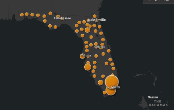Snapshot Florida map in 2020 showing positive COVID-19 cases