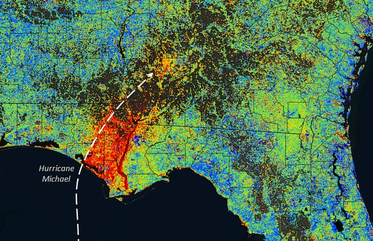 Satellites captured the tree loss from Hurricane Michael in 2018. This is where fires were burning in 2022.