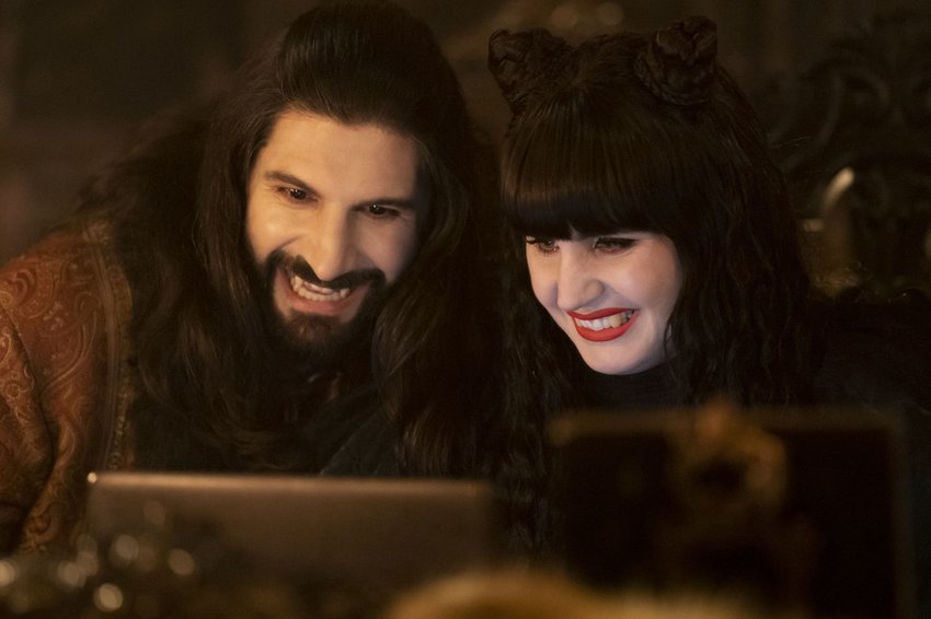Kayvan Novak, left, and Natasia Demetriou star in FX&rsquo;s &ldquo;What We Do in the Shadows,&rdquo; with Season 4 coming to Hulu on July 13.