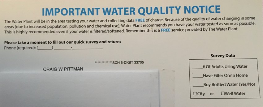 This is the card that came to columnist Craig Pittman touting a &ldquo;FREE&rdquo; water test.