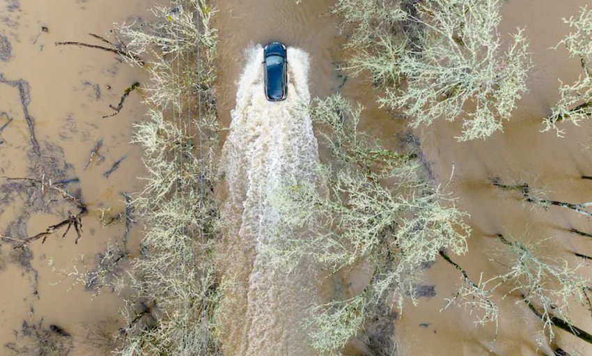 Driving into floodwater, as this vehicle did in Sonoma County, Calif., on Jan. 5, 2023, can be extremely dangerous.