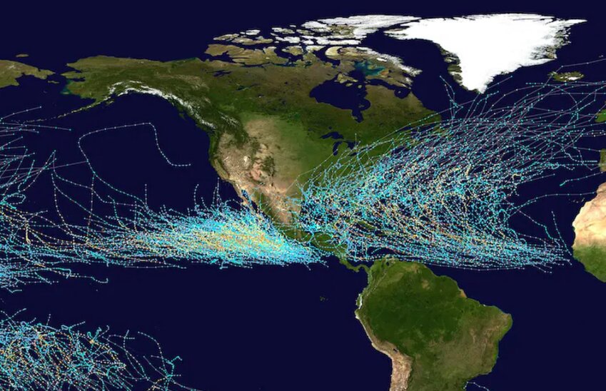 Twenty years of storm tracks in the Atlantic and eastern Pacific basins.