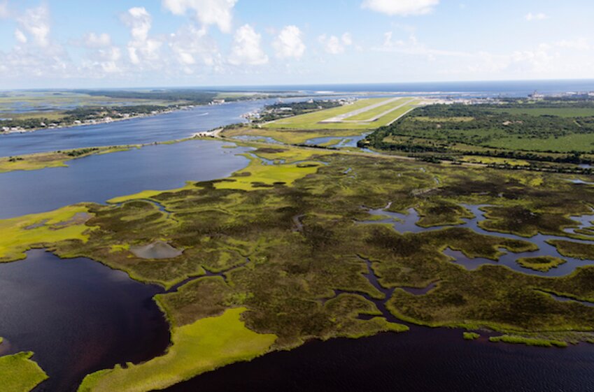 An aerial view shows the salt marsh adjacent to the runway at Naval Station Mayport in Jacksonville, Florida.