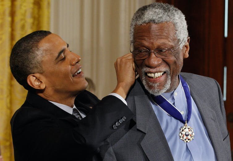 President Barack Obama presented NBA champion and human rights advocate Bill Russell with the Medal of Freedom on Feb. 15, 2011.