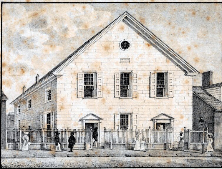 The exterior view of the Bethel African American Methodist Episcopal Church at 125 S. 6th St. in Philadelphia. Breton, William L., circa 1773-1855.