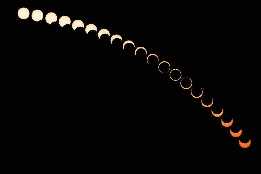 Multiple exposure of the various phases during the annular Solar Eclipse on 15th January 2010.