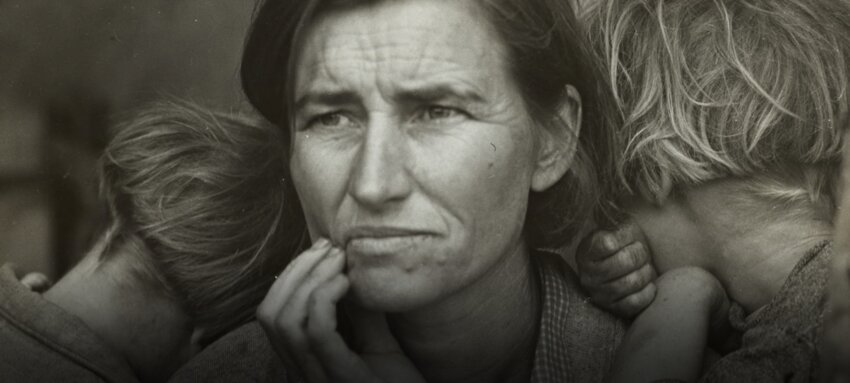 Dorothea Lange’s famous Migrant Mother portrait shows a mother of seven children in California in 1936.