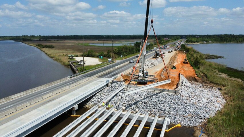 Construction on U.S. 90 in Santa Rosa County as Florida Department of Transportation crews work on a bridge reconstruction project over Simpson River.