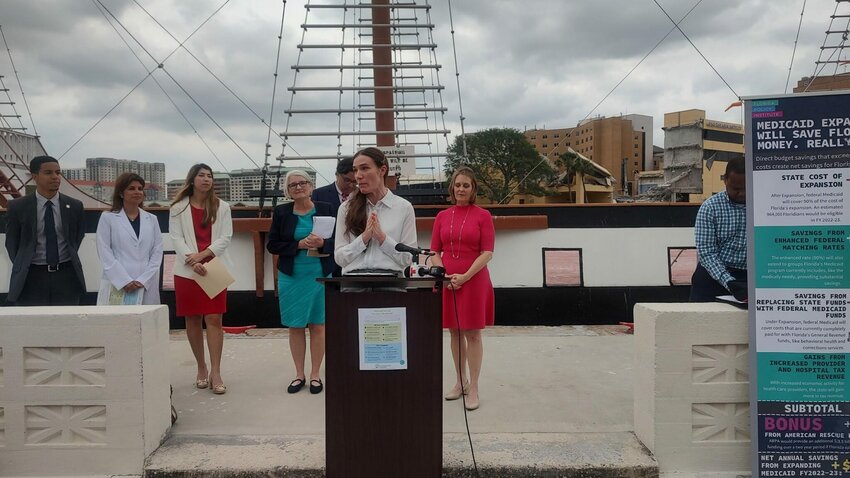 Angela Dumala speaking at a press conference in Tampa on March 27, 2024.