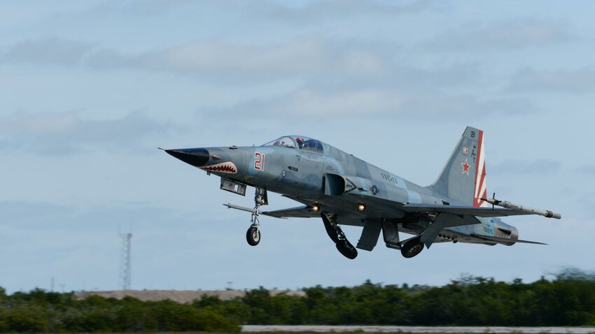 A U.S. Navy F-5N Tiger II from VFC-111, known as the &quot;Sun Downers&quot; takes off from Naval Air Station Key West's Boca Chica Field on Jan. 28, 2022.