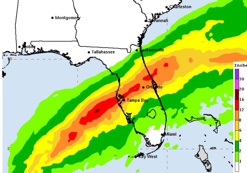 Rainfall forecast for Hurricane Milton, which is expected to make landfall on Florida&rsquo;s Gulf Coast on Wednesday or early Thursday, via NHC.