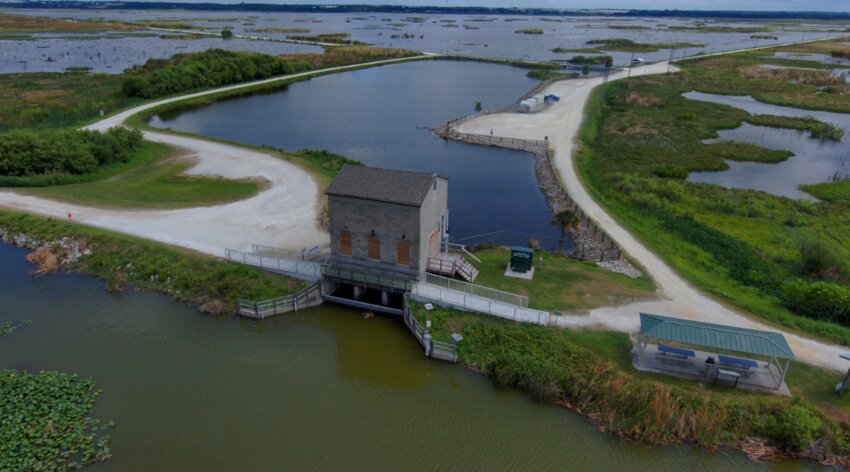 Aerial view of the historic pump house at Lake Apopka North Shore.