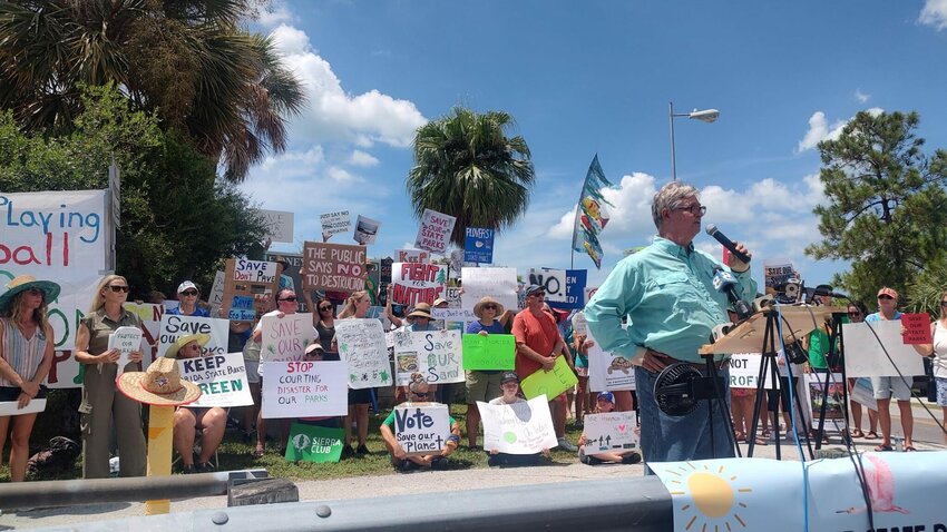 Dunedin City Commissioner Jeff Now at protest at Honeymoon Island State Park in Dunedin on Aug. 27, 2024. The facility was one of the sites where the DeSantis administration proposed development.