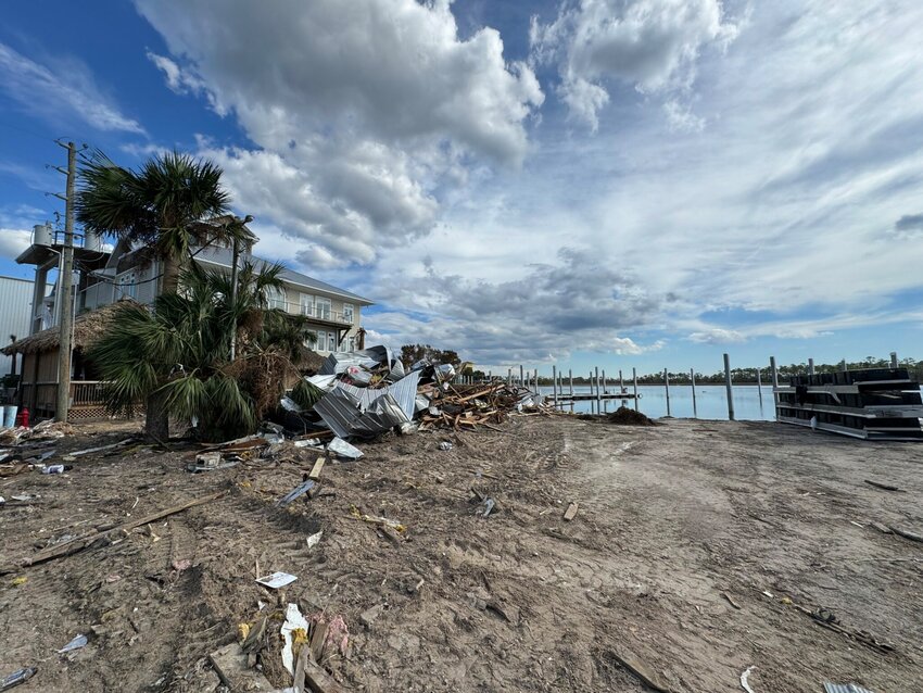 The coastline in Steinhatchee remains covered in debris on Oct. 3, 2024, following Hurricane Helene.