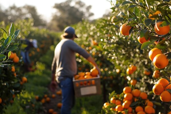 Farmer carrying crate full of oranges harvesting in organic orchard on sunny day.