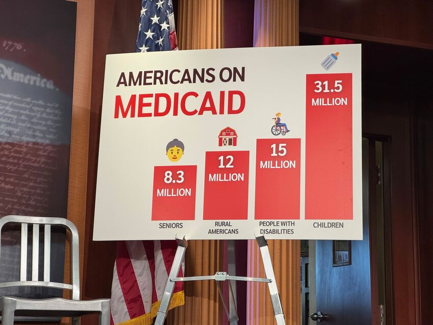 Medicaid sign at U.S. Senate Democrats’ press conference on Feb. 19, 2025.