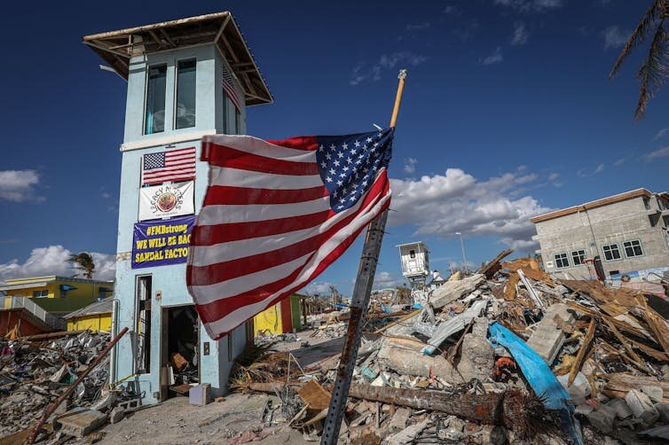 Hurricane Ian caused widespread damage in Florida in 2022, estimated at over $112 billion. This scene was once a shopping center.