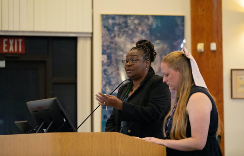 At the Apopka City Council meeting on April 2nd, Gabrielle Carter (right), the Utility Programs Supervisor, and Blanche Sherman (left), the Finance Director, provided updates on the City's ongoing utility projects, including the meter replacement program and base station installations.