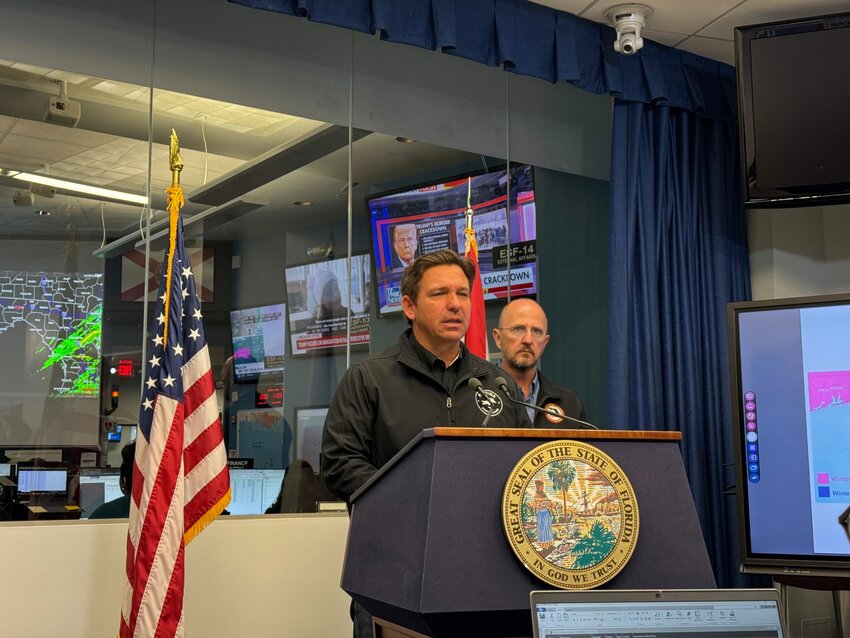 Gov. Ron DeSantis fields questions from reporters at the state emergency operations center in Tallahassee in advance of a winter weather event on Jan. 21, 2025.