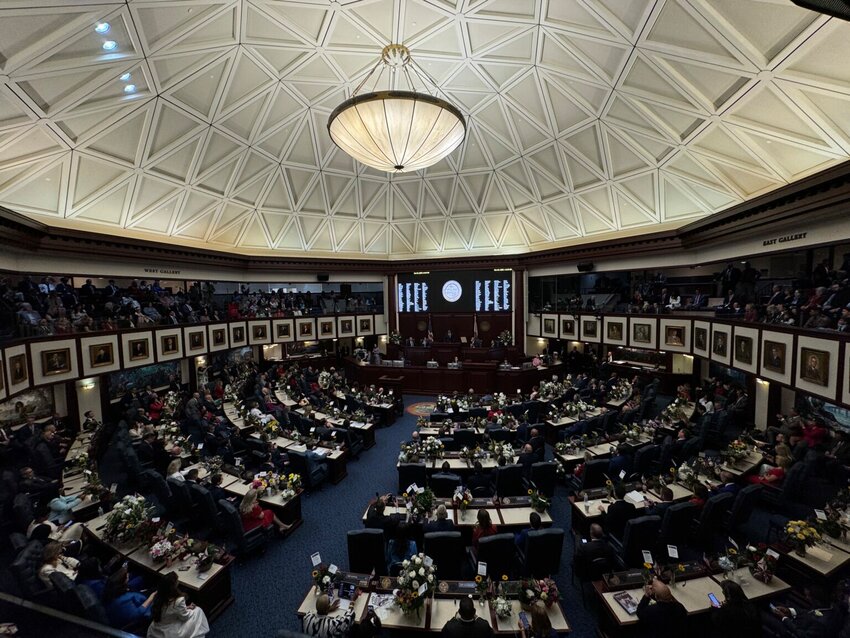 Lawmakers convene in a joint session in the Florida House of Representatives chamber to hear Gov. Ron DeSantis deliver the State of the State address on March 4, 2025.