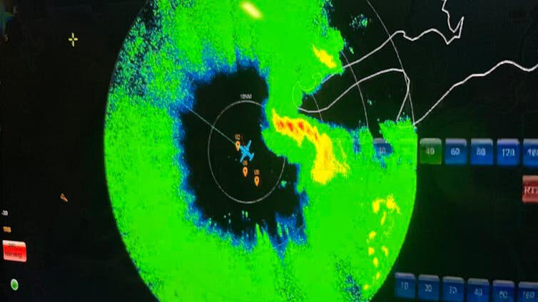 Radar shows a NOAA Hurricane Hunter flying through Tropical Storm Idalia during a mission in 2023.