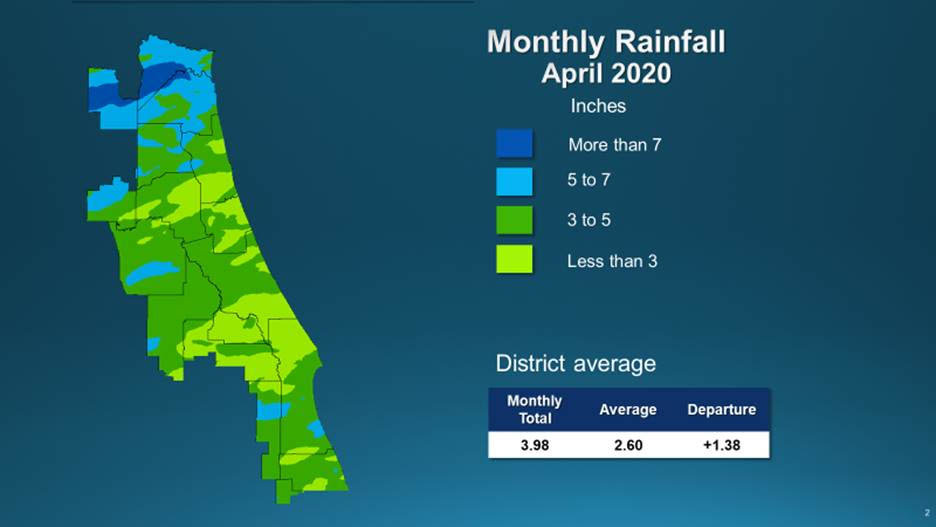 A map illustrates rainfall conditions in April across the St. Johns River Water Management District.