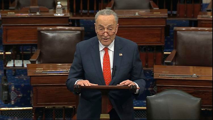 In this image from video, Senate Minority Leader Chuck Schumer, D-N.Y., speaks on the Senate floor at the U.S. Capitol in Washington, Wednesday, March 25, 2020. Senate Television via AP