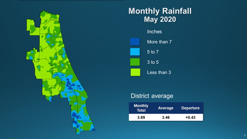 A map illustrates rainfall conditions in May across the St. Johns River Water Management District.