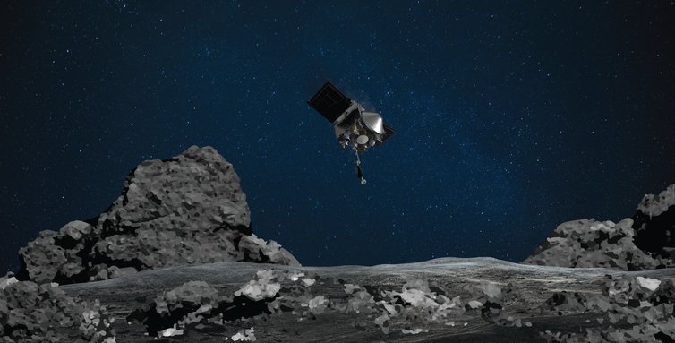 This artist’s rendering shows OSIRIS-REx spacecraft descending toward asteroid Bennu to collect a sample of the asteroid’s surface. NASA/Goddard/University of Arizona