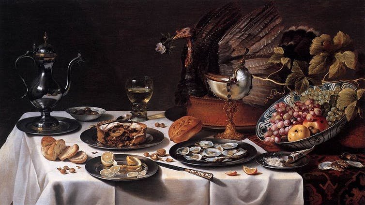 Dutch painter Pieter Claesz’s Still Life with Turkey Pie (1627) features a cooked turkey that’s been placed back inside its original skin, feathers and all. Wikimedia Commons