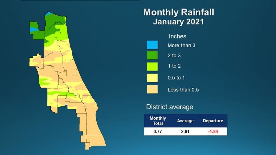 A map illustrates rainfall conditions in January across the St. Johns River Water Management District.