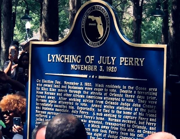 The Truth and Justice Center of Orange County unveiled a historical marker in downtown Orlando in June 2019 in memory of July Perry, a victim of the 1920 Ocoee Election Day Riots. Credit: Orlando Police Department.