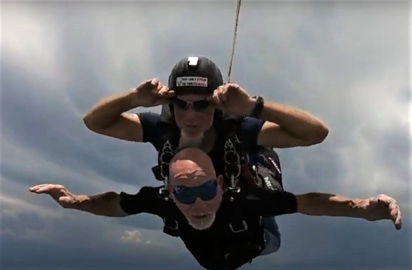 Charles Towne skydiving on his 87th birthday.
