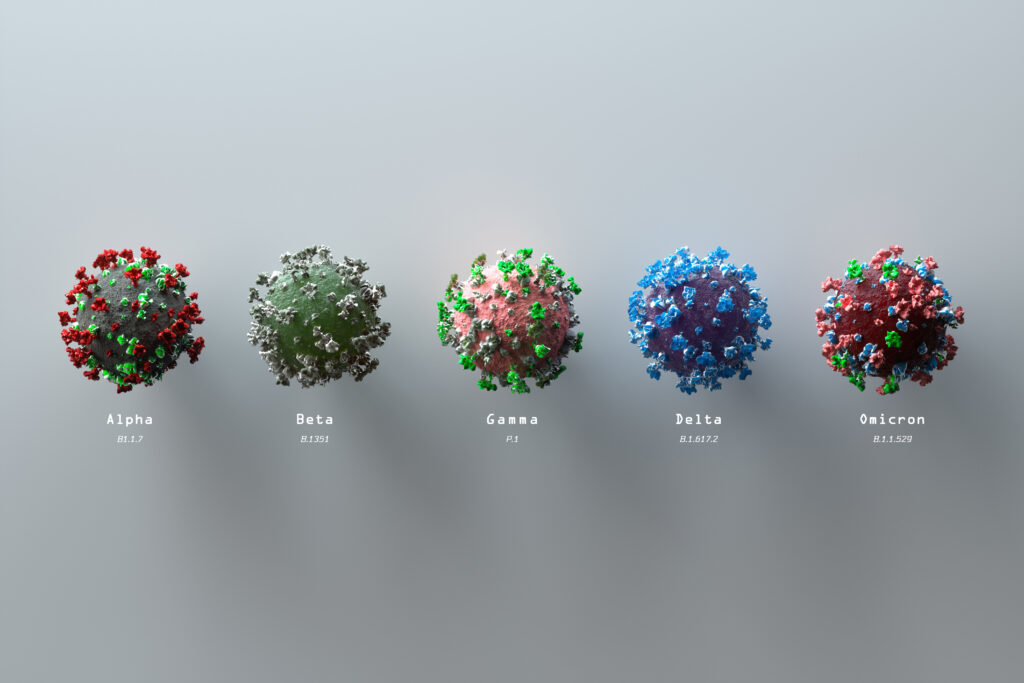 Digital generated image of different variants of COVID-19 cells