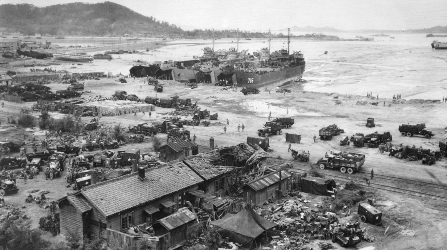 LSTs unloading at Inchon, 15 September 1950. American forces landed in Inchon harbor one day after the Battle of Inchon began.