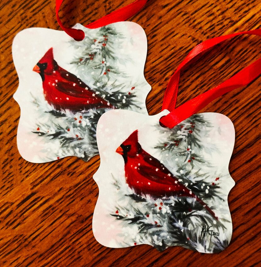 Christmas Cardinal ornaments, pillows and other gifts by Kelly Householder-Giuliano will be available this weekend in Gassville as Vintage Home Market presents 