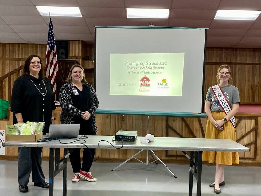 LeeAnn Blevins (from left), Baxter County Extension Agent for Family and Consumer Sciences; Dr. Brittney Schrick, an associate professor and family life specialist with UADA; and Hannah Walker, local 4-H leader and Bureau Board of Directors are pictured prior to a seminar to help the agriculture community battle stress on the farm or ranch. The event was held Monday at the Baxter County Fairgrounds.   Submitted Photo