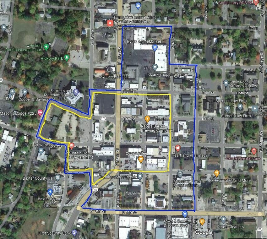This map provided by the City of Mountain Home show the former borders of the Baker District in yellow and the new border in blue. The Mountain Home City Council approved an ordinance to expand the district during Thursday's regular monthly meeting.   Photo Courtesy of City of Mountain Home