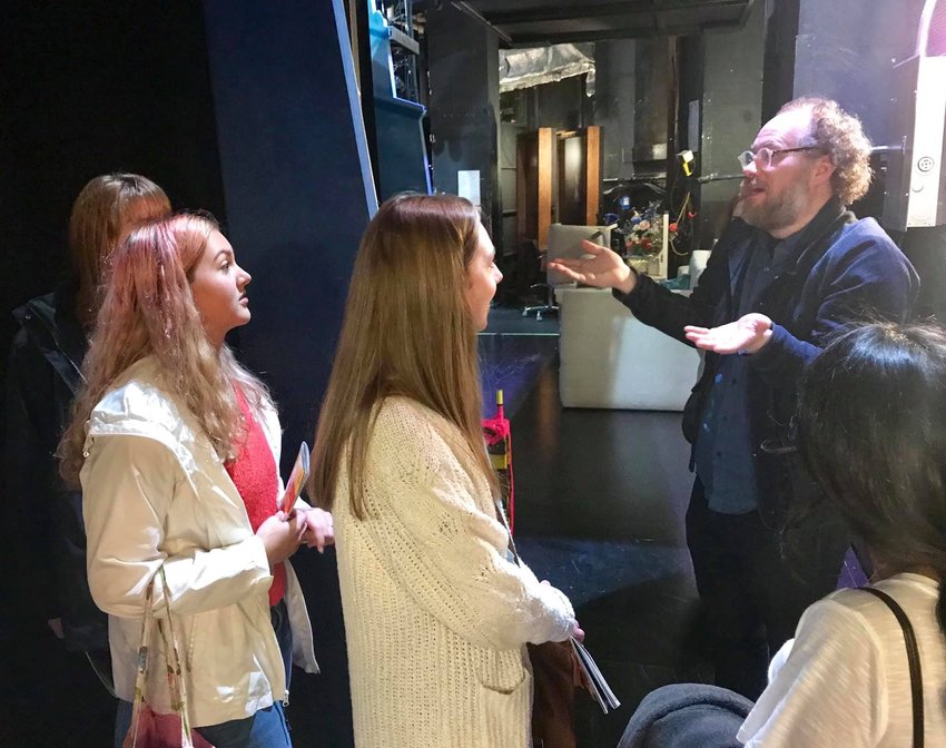 Andy Grotelueschen, one of the stars of the new musical “Tootsie,” discusses the musical backstage with Jordan-Matthews artists after his matinee performance on Broadway.